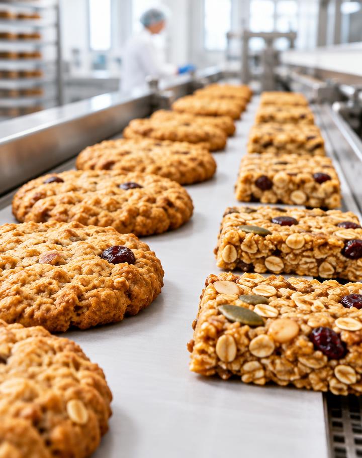 Illustrative oat cookies and bars on a clean baking line