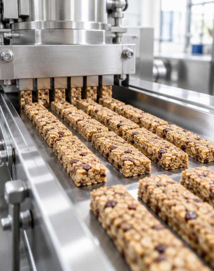 Illustrative snack bars being formed on stainless steel equipment