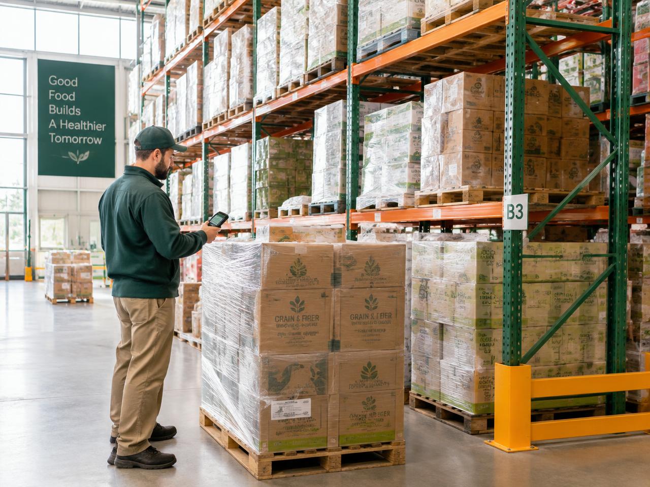 Illustrative food-grade warehouse with palletized cases on racking