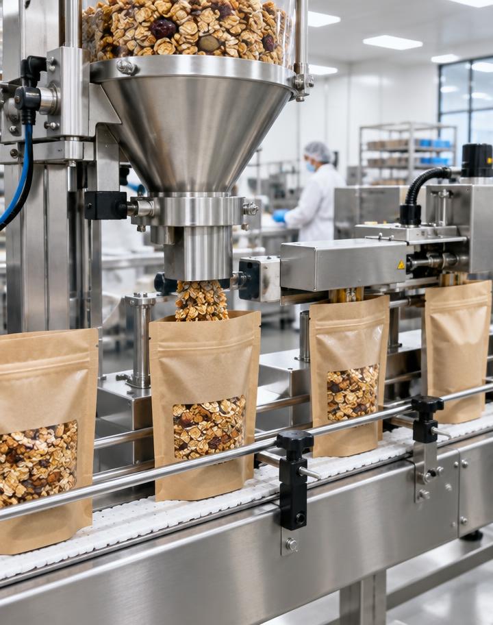 Illustrative granola pouches on a packaging line